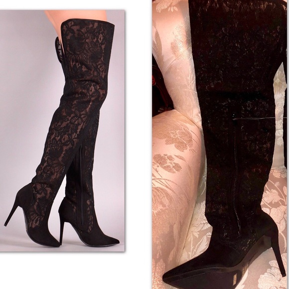 BLACK LACE SUEDE OVER THE KNEE BOOT - Picture 6 of 8